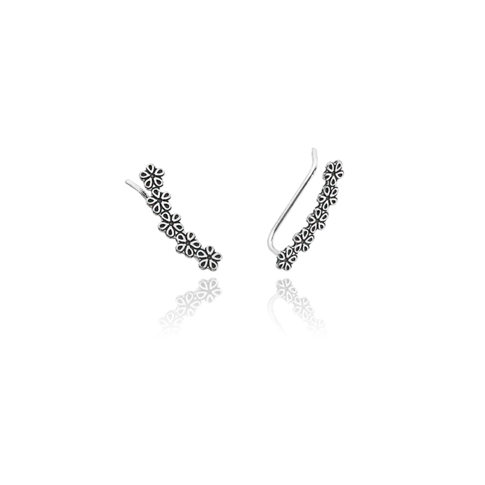 Brinco Ear Cuff Flores Envelhecido Prata 925