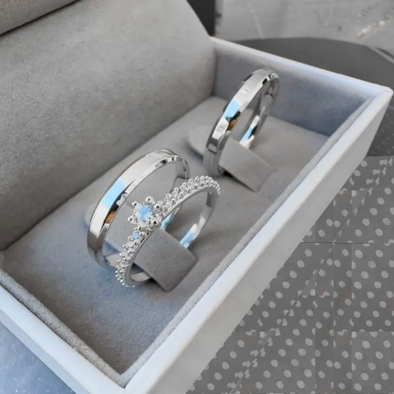 Alianças de Namoro Prata 925 3mm Italiana + Anel Solitário Luxo