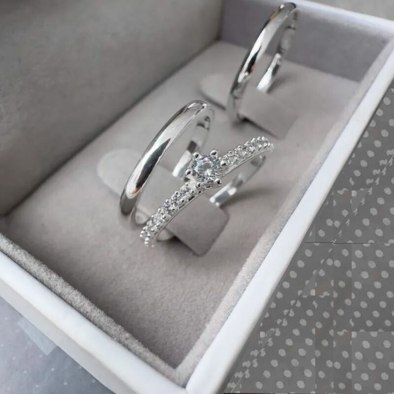 Alianças de Namoro Prata 925 2mm Tradicional + Anel Solitário Luxo