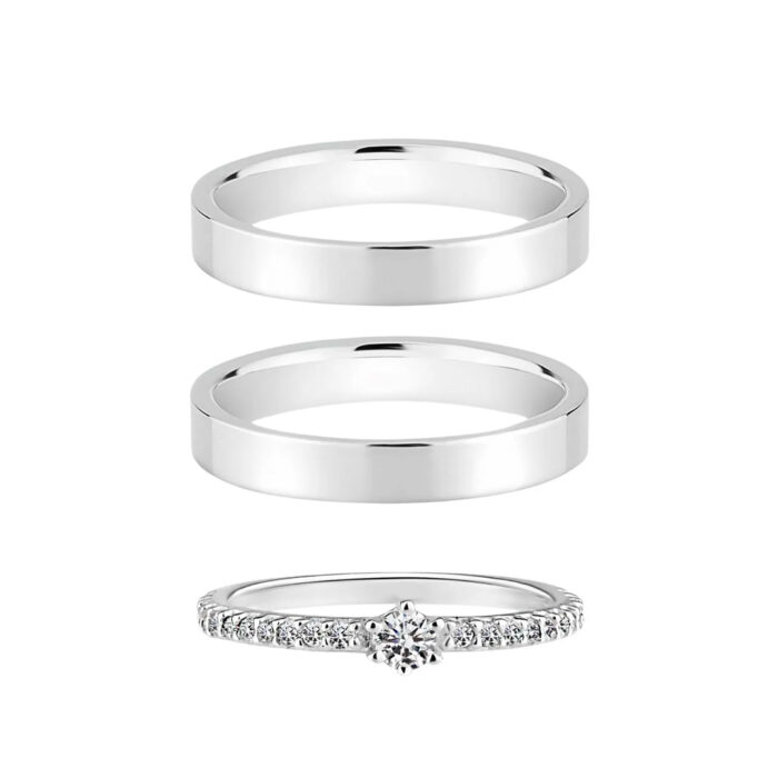 Alianças de Namoro Prata 925 3mm Quad + Anel Solitário Luxo