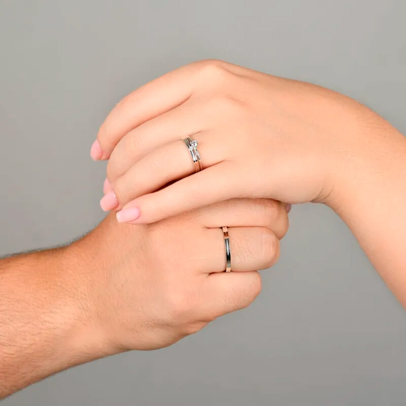 Alianças de Namoro Prata 925 2mm Cane + Anel Solitário