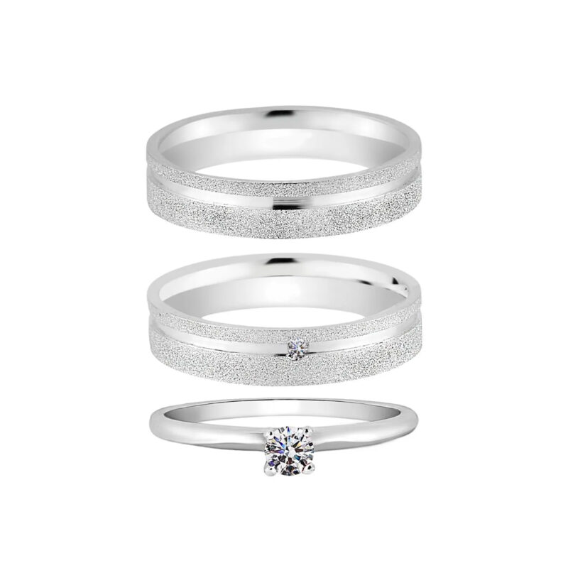 Alianças de Namoro Prata 925 4mm Crav + Anel Solitário
