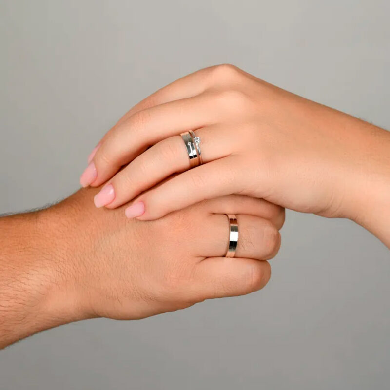 Alianças de Namoro Prata 925 4mm Cane + Anel Solitário