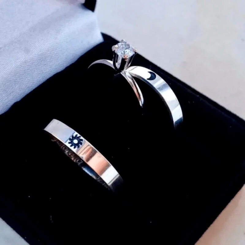 Alianças de Namoro Prata 925 2mm Sol e Lua+  Anel Solitário