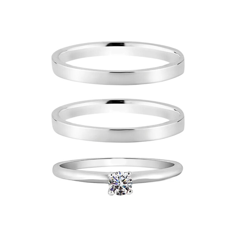 Alianças de Namoro Prata 925 2mm Quad + Anel Solitário