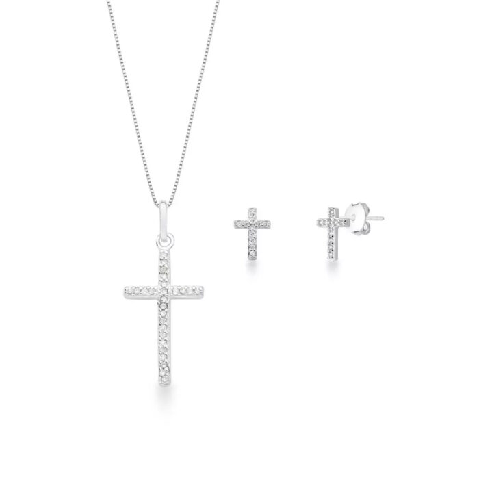 Conjunto Cruz Cravejada Prata 925