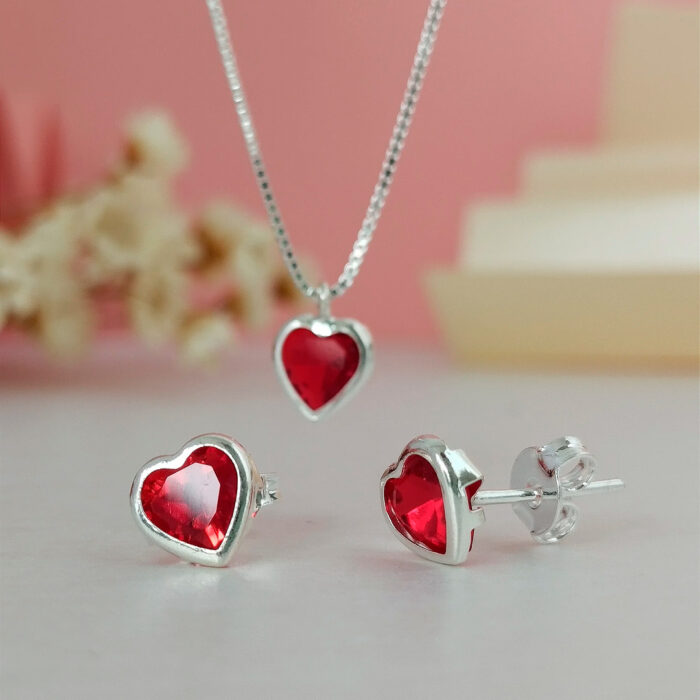 Conjunto Coração Vermelho Cravação Inglesa Prata 925 - Image 2