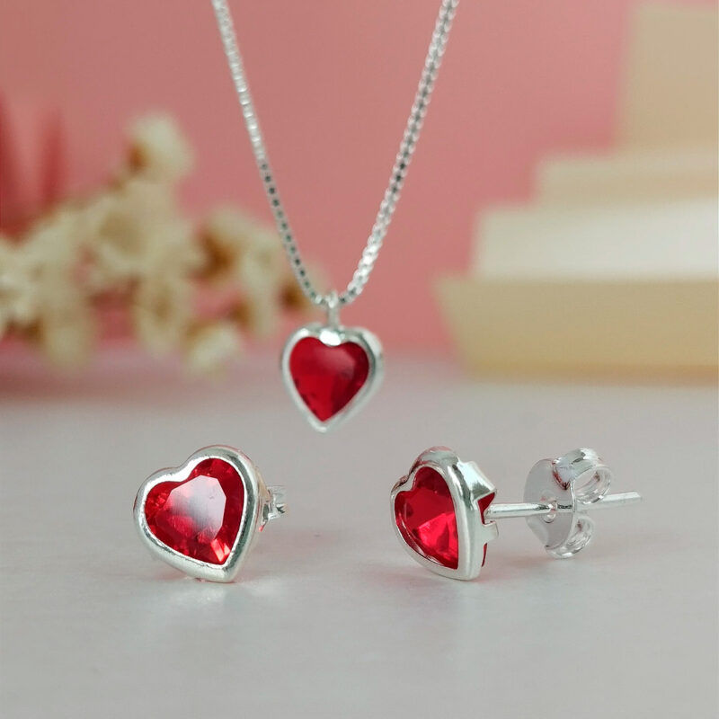 Conjunto Coração Vermelho Cravação Inglesa Prata 925