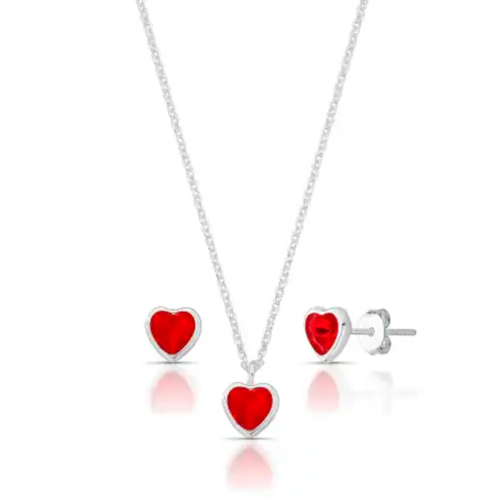 Conjunto Coração Vermelho Cravação Inglesa Prata 925