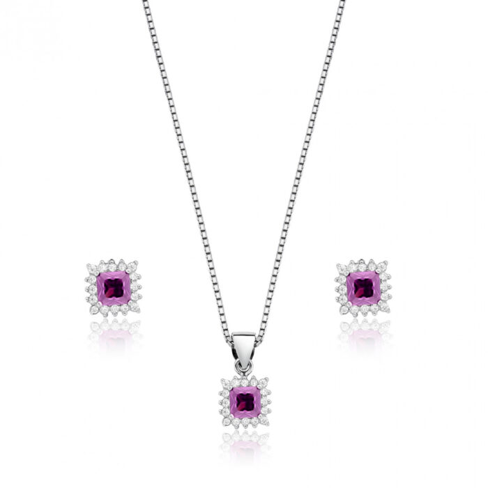 Conjunto Quadrado Lilas Cravejado Prata 925