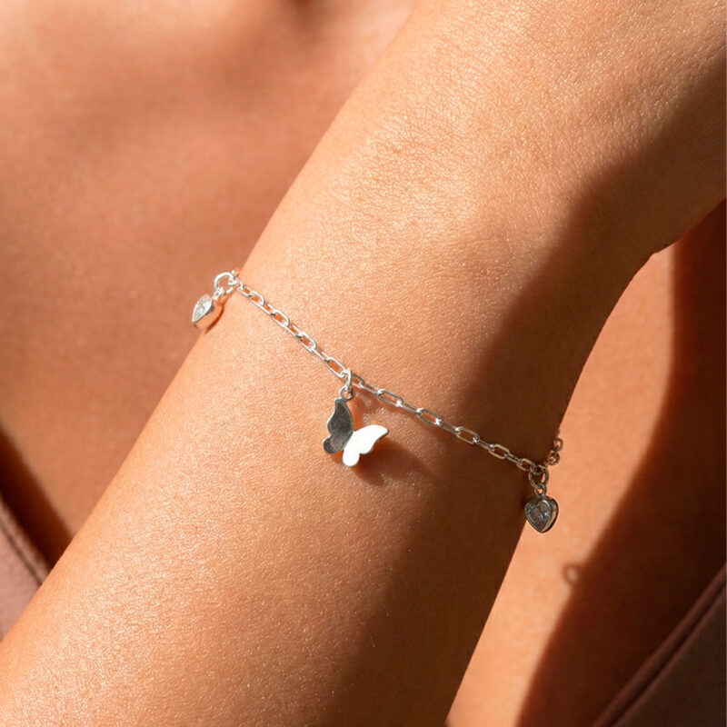 Pulseira Corações Borboleta Origami Prata 925