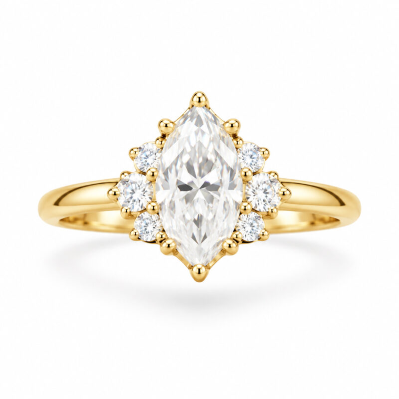Anel Solitário Noivado Selena Navete Moissanite Ouro 18K